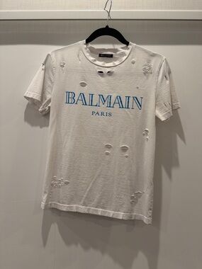 Balmain White Short Sleeve Tee with Blue Logo